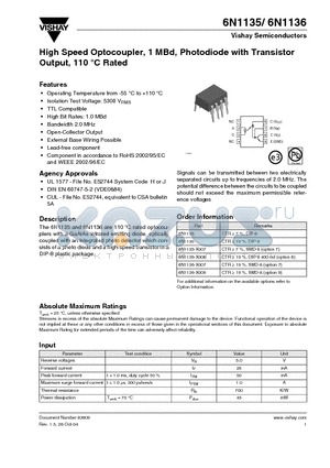 6N1135 datasheet - High Speed Optocoupler, 1 MBd, Photodiode with Transistor Output, 110 C Rated