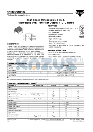 6N1136 datasheet - High Speed Optocoupler, 1 MBd, Photodiode with Transistor Output, 110 `C Rated