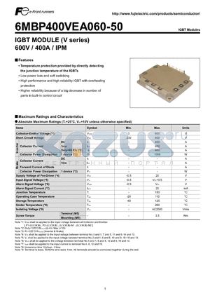 6MBP400VEA060-50 datasheet - IGBT MODULE (V series) 600V / 400A / IPM