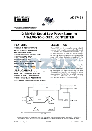 ADS7834PB datasheet - 12-Bit High Speed Low Power Sampling ANALOG-TO-DIGITAL CONVERTER