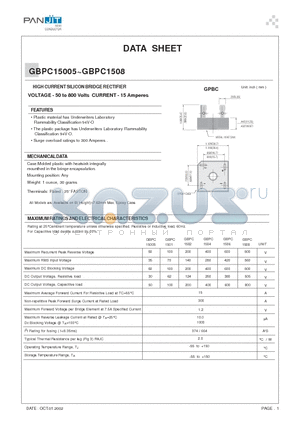 GBPC1504 datasheet - HIGH CURRENT SILICON BRIDGE RECTIFIER(VOLTAGE - 50 to 800 Volts CURRENT - 15 Amperes)