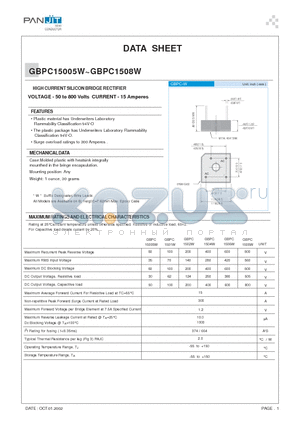 GBPC1504W datasheet - HIGH CURRENT SILICON BRIDGE RECTIFIER(VOLTAGE - 50 to 800 Volts CURRENT - 15 Amperes)