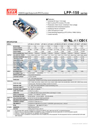 LPP-150-5 datasheet - 150W Single Output with PFC Function