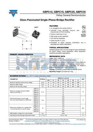 GBPC1506-E4-51 datasheet - Glass Passivated Single-Phase Bridge Rectifier