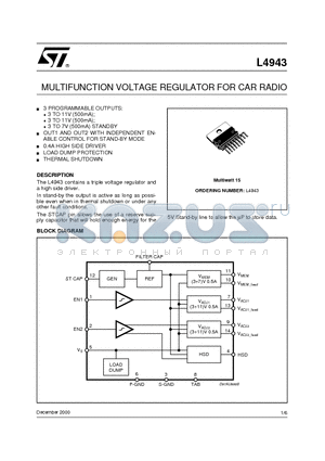 L4943 datasheet - MULTIFUNCTION VOLTAGE REGULATOR FOR CAR RADIO