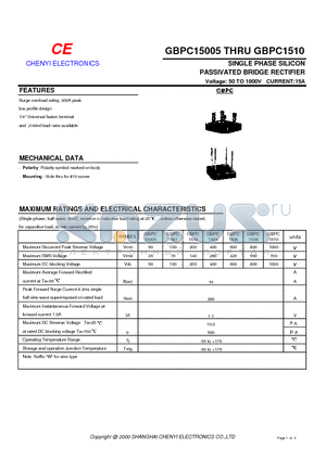 GBPC1508 datasheet - SINGLE PHASE SILICON PASSIVATED BRIDGE RECTIFIER