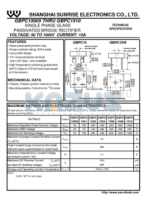 GBPC1508 datasheet - SINGLE PHASE GLASS PASSIVATED BRIDGE RECTIFIER