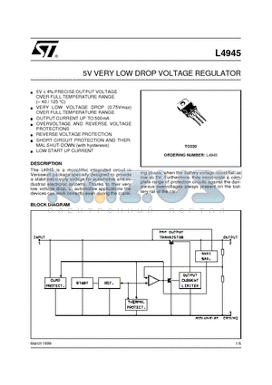 L4945 datasheet - 5V VERY LOW DROP VOLTAGE REGULATOR