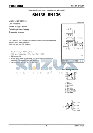 6N136 datasheet - GaAAs Ired & Photo IC Digital Logic Isolation.