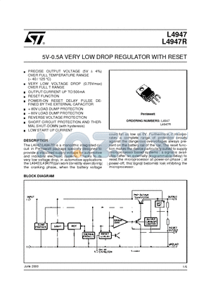 L4947R datasheet - 5V-0.5A VERY LOW DROP REGULATOR WITH RESET