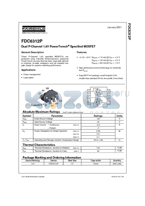 FDC6312P datasheet - Dual P-Channel 1.8V PowerTrench Specified MOSFET