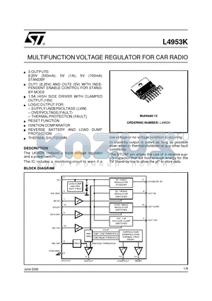 L4953K datasheet - MULTIFUNCTION VOLTAGE REGULATOR FOR CAR RADIO
