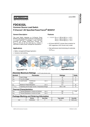 FDC6332L datasheet - Common Source Load Switch P-Channel 1.8V Specified PowerTrench MOSFET