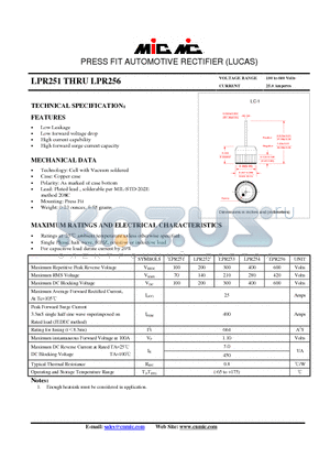 LPR254 datasheet - PRESS FIT AUTOMOTIVE RECTIFIER (LUCAS)