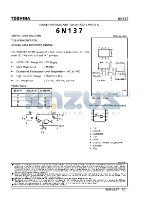 6N137 datasheet - IRED & PHOTO IC (DEGITAL LOGIC ISOLATION, TELE-COMMUNICATION, ANALOG DATA EQUIPMENT CONTROL)