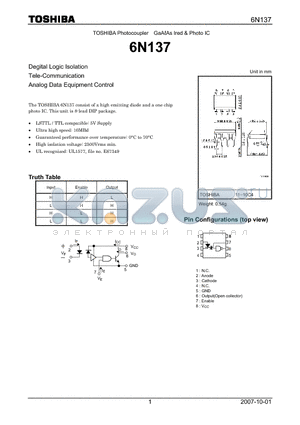 6N137 datasheet - GaAAs Ired & Photo IC Degital Logic Isolation