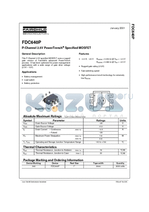 FDC640P datasheet - P-Channel 2.5V PowerTrench Specified MOSFET