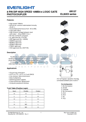 6N137 datasheet - 8 PIN DIP HIGH SPEED 10MBit/s LOGIC GATE