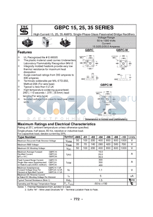 GBPC25 datasheet - High Current 15, 25, 35 AMPS. Single Phase Glass Passivated Bridge Rectifiers