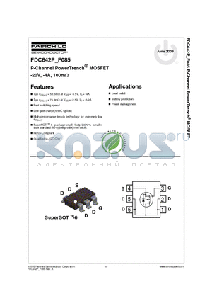 FDC642P_09 datasheet - P-Channel PowerTrench^ MOSFET -20V, -4A, 100mY