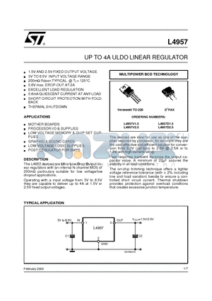 L4957V1.5 datasheet - UP TO 4A ULDO LINEAR REGULATOR