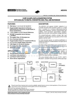 ADS7870 datasheet - 12-BIT, 52-kSPS, DATA ACQUISITION SYSTEM WITH ANALOG-TO-DIGITAL CONVERTER, MUX, PGA, AND REFERENCE