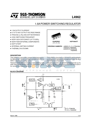L4962 datasheet - 1.5A POWER SWITCHING REGULATOR