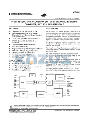 ADS7871IDB datasheet - 14-BIT, 48-KSPS, DATA ACQUISITION SYSTEM WITH ANALOG-TO-DIGITAL CONVERTER, MUX, PGA, AND REFERENCE