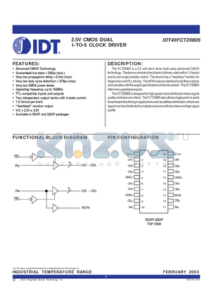 IDT49FCT20805PYI datasheet - 2.5V CMOS DUAL 1-TO-5 CLOCK DRIVER