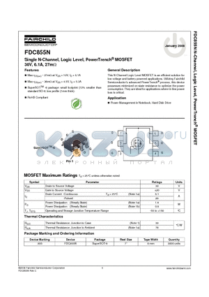FDC855N datasheet - Single N-Channel, Logic Level, PowerTrench^ MOSFET 30V, 6.1A, 27mY