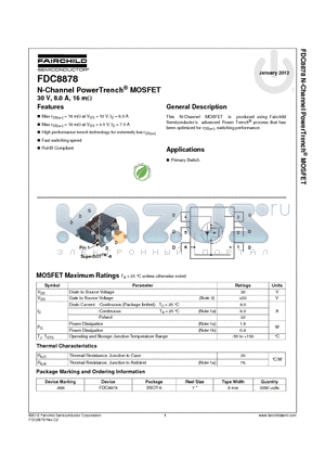 FDC8878 datasheet - N-Channel PowerTrench^ MOSFET 30 V, 8.0 A, 16 mY