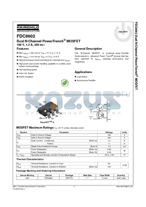 FDC8602 datasheet - Dual N-Channel PowerTrench^ MOSFET 100 V, 1.2 A, 350 mY