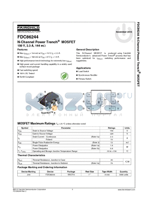 FDC86244 datasheet - N-Channel Power Trench^ MOSFET 150 V, 2.3 A, 144 mY