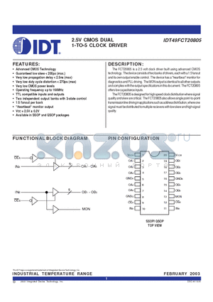 IDT49FCT20805 datasheet - 2.5V CMOS DUAL 1-TO-5 CLOCK DRIVER