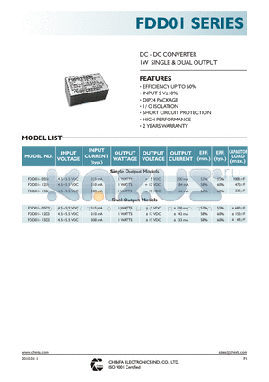 FDD01-05D0 datasheet - DC - AC CONCERTER 1W SINGLE & DUAL OUTPUT