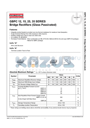 GBPC25005 datasheet - Bridge Rectifiers (Glass Passivated)