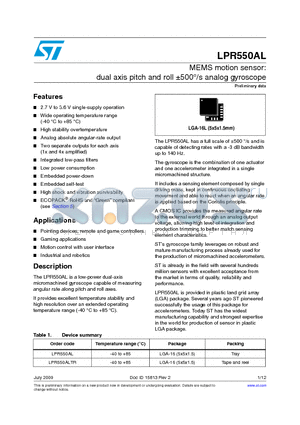 LPR550AL datasheet - MEMS motion sensor: dual axis pitch and roll a500`/s analog gyroscope