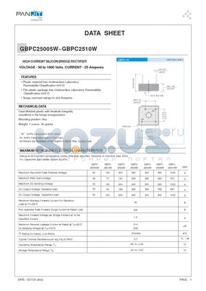 GBPC25005W datasheet - HIGH CURRENT SILICON BRIDGE RECTIFIER(VOLTAGE - 50 to 1000 Volts CURRENT - 25 Amperes)