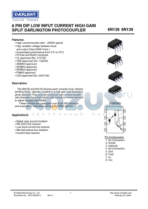 6N138 datasheet - 8 PIN DIP LOW INPUT CURRENT HIGH GAIN