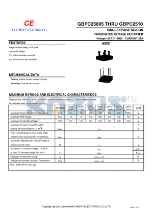 GBPC2501 datasheet - SINGLE PHASE SILICON PASSIVATED BRIDGE RECTIFIER