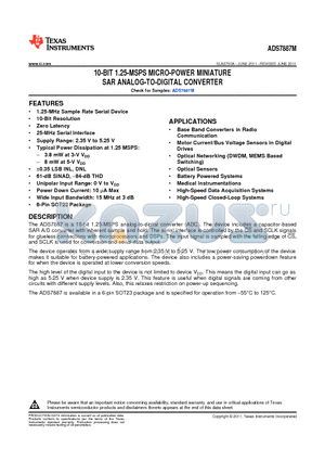 ADS7887M datasheet - 10-BIT 1.25-MSPS MICRO-POWER MINIATURE SAR ANALOG-TO-DIGITAL CONVERTER