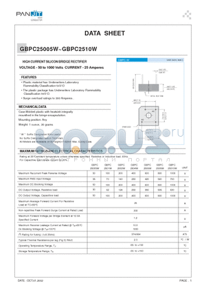 GBPC25010W datasheet - HIGH CURRENT SILICON BRIDGE RECTIFIER(VOLTAGE - 50 to 1000 Volts CURRENT - 25 Amperes)