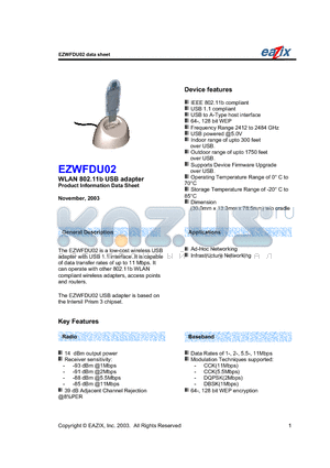 EZWFDU02 datasheet - WLAN 802.11B USB ADAPTER