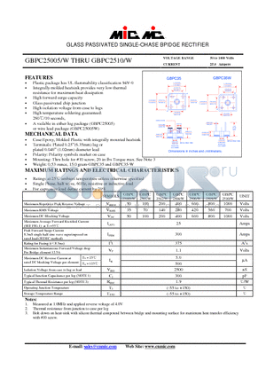 GBPC2502/W datasheet - GLASS PASSIVATED SINGLE-OHASE BPIDGE RECTIFIER