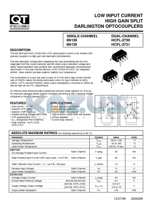 6N139 datasheet - LOW INPUT CURRENT HIGH GAIN SPLIT DARLINGTON OPTOCOUPLERS