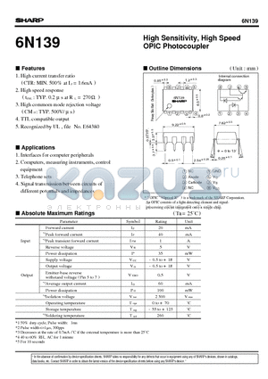 6N139 datasheet - High Sensitivity, High Speed OPIC Photocoupler