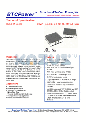 HB50-24-05 datasheet - 24Vin 2.5, 3.3, 5.0, 12, 15, 24Vout 50W