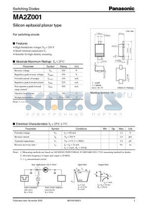 MA2Z001 datasheet - Silicon epitaxial planar type For switching circuits