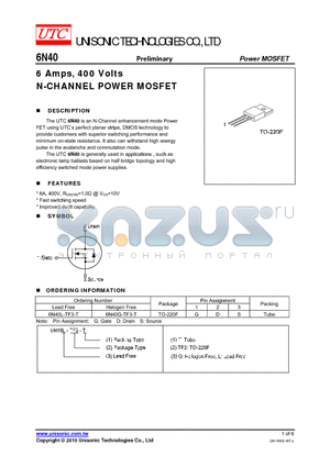 6N40G-TF3-T datasheet - 6 Amps, 400 Volts N-CHANNEL POWER MOSFET