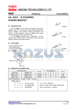 6N40G-TF3-T datasheet - 6A, 400V N-CHANNEL POWER MOSFET